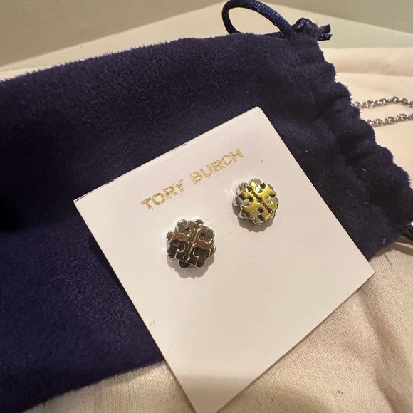 Tory Burch Silver/Gold Logo Necklace and Earrings - Picture 2 of 8